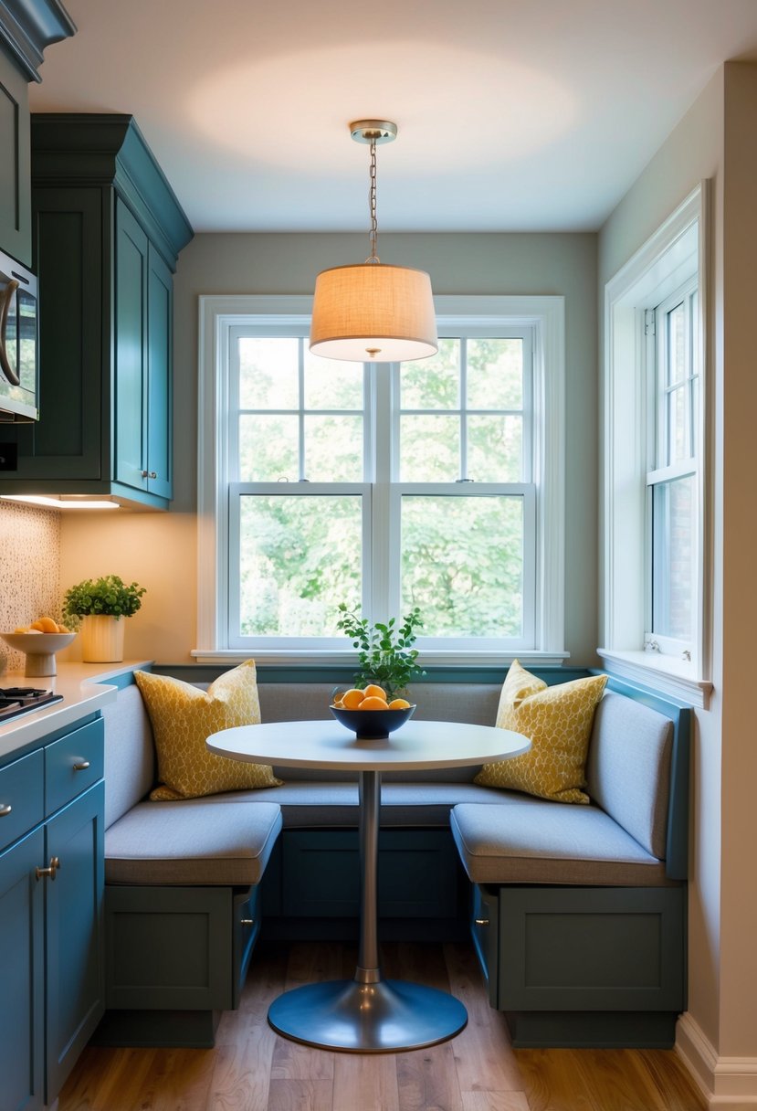 A cozy breakfast nook nestled in a small galley kitchen, featuring built-in seating, a round table, and natural light pouring in from a nearby window