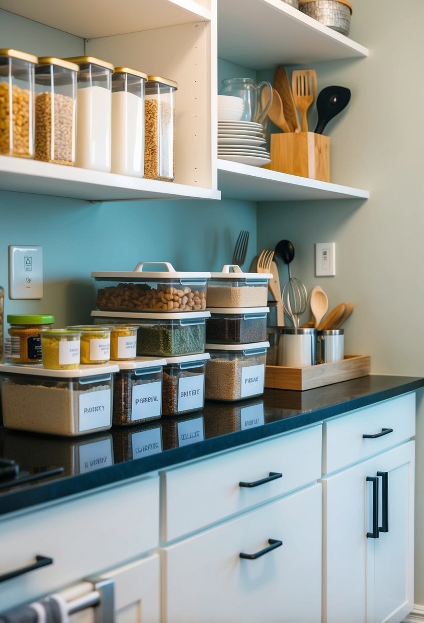 Kitchen shelves and drawers neatly organized with $1 store containers and labels. Pantry items arranged in clear bins. Utensils hanging on hooks