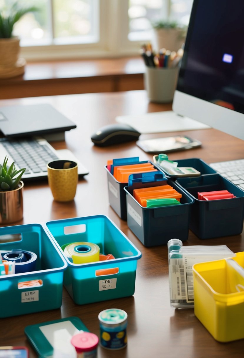 A cluttered desk with various dollar store items neatly organized in bins and containers