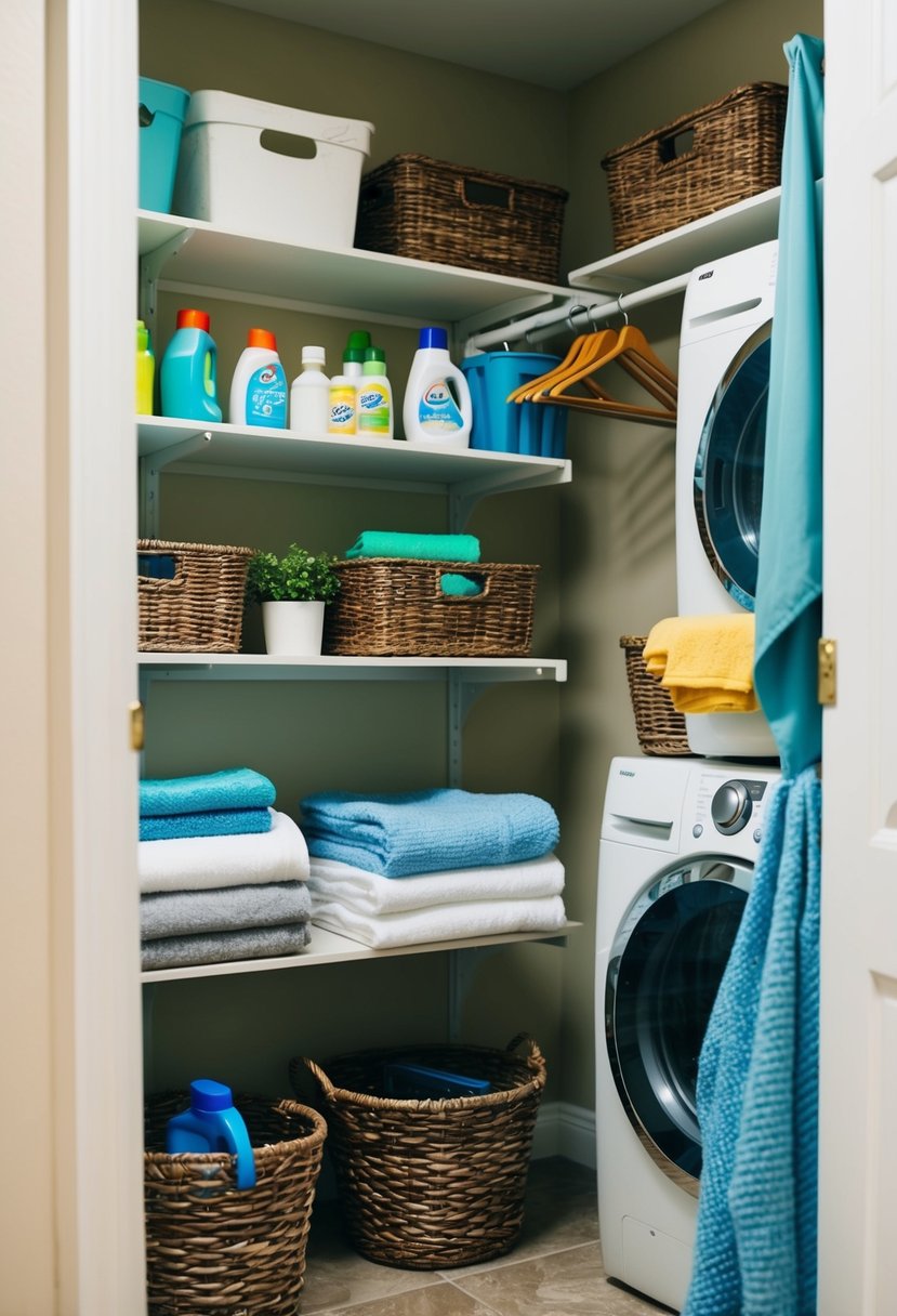 A small laundry room with shelves, baskets, and hanging organizers filled with cleaning supplies and neatly folded linens