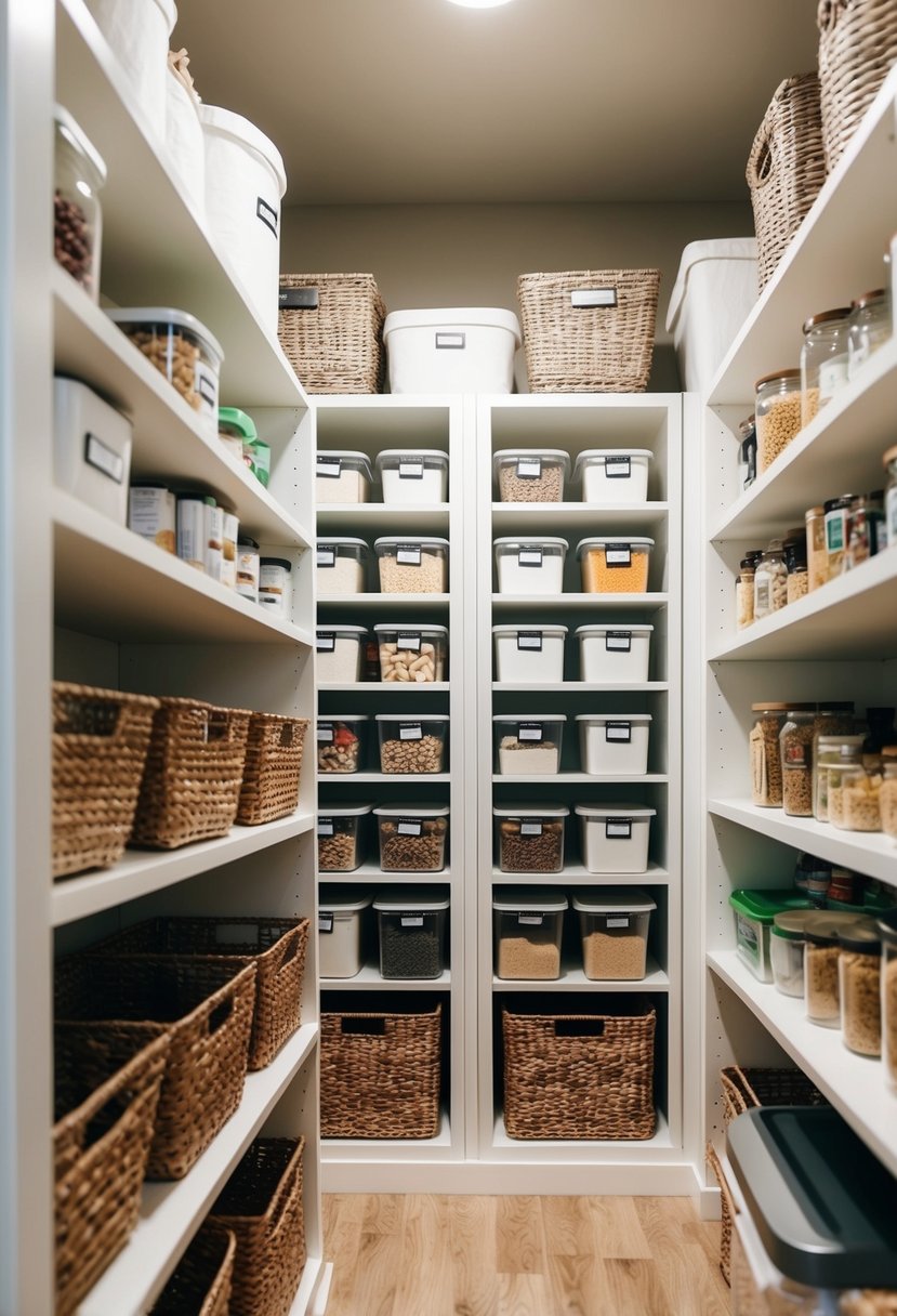 A neatly arranged pantry with labeled containers and baskets for food storage and meal preparation supplies