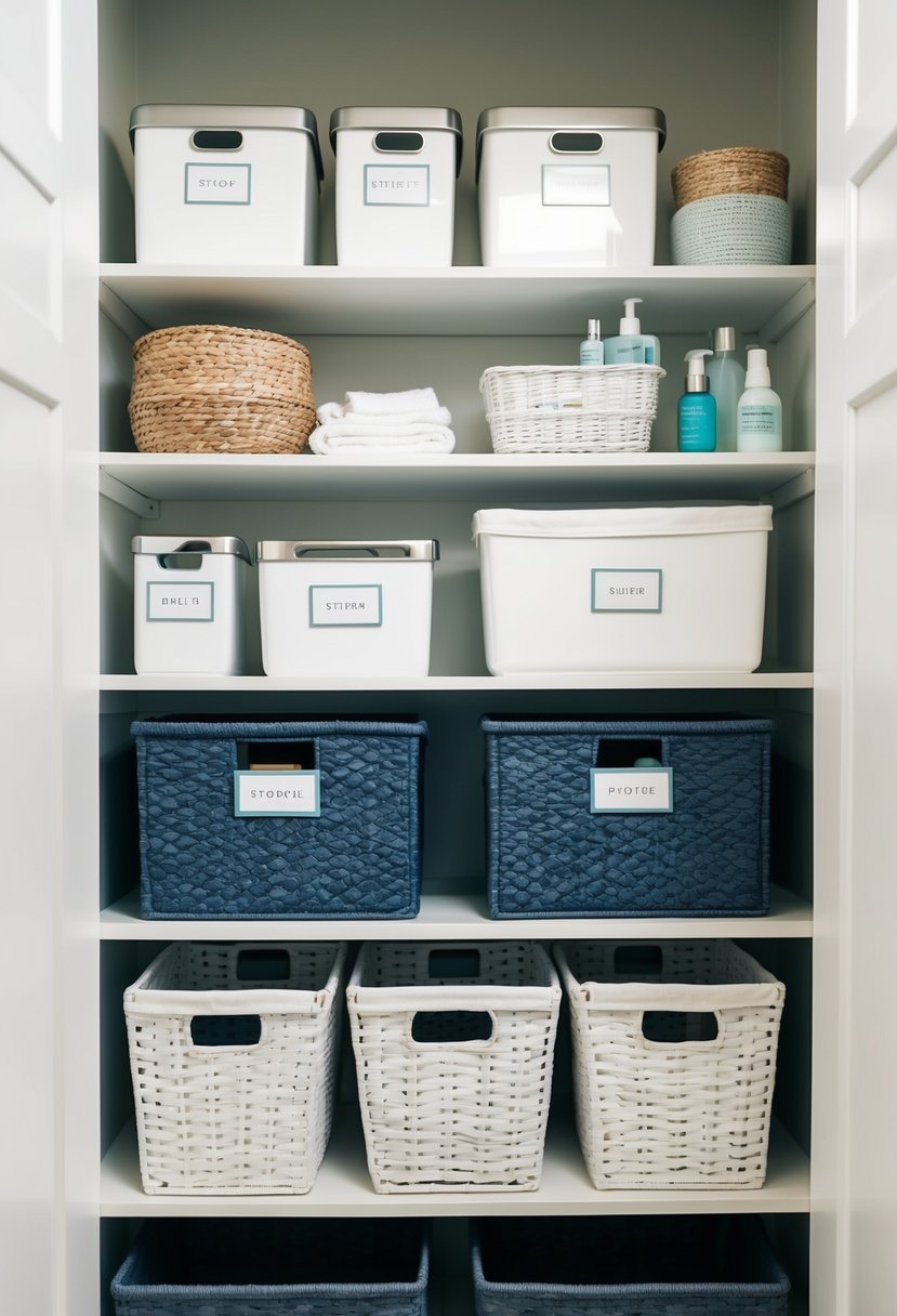 A bathroom shelf filled with neatly organized storage bins, baskets, and containers, all labeled and arranged to maximize space and functionality