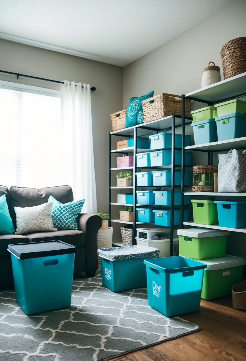 A cluttered living space with various storage solutions from the dollar store, including bins, baskets, and shelves