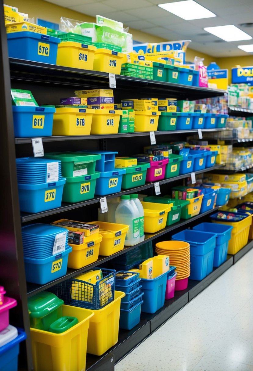 A neatly organized display of various items from the dollar store, including bins, baskets, and containers, arranged in an orderly and appealing manner