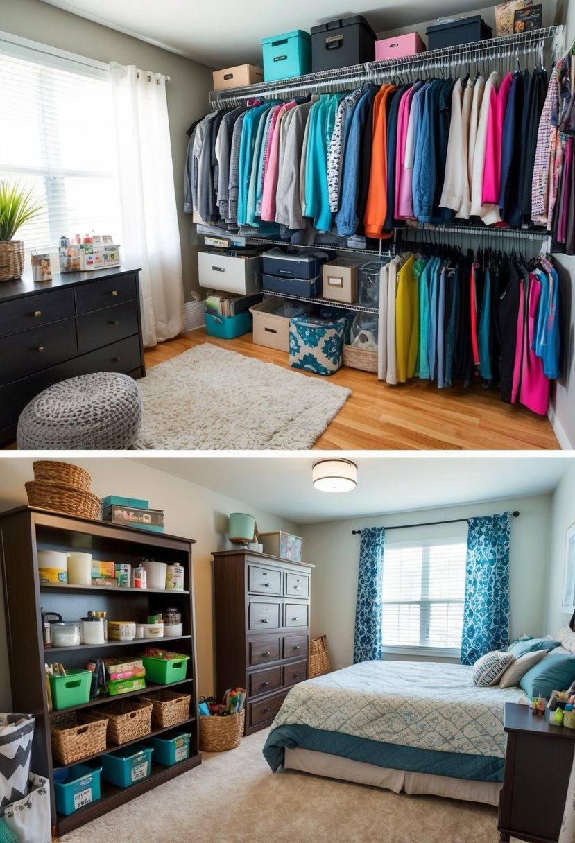 A cluttered closet and messy bedroom transformed into organized spaces with $100 worth of items from the dollar store