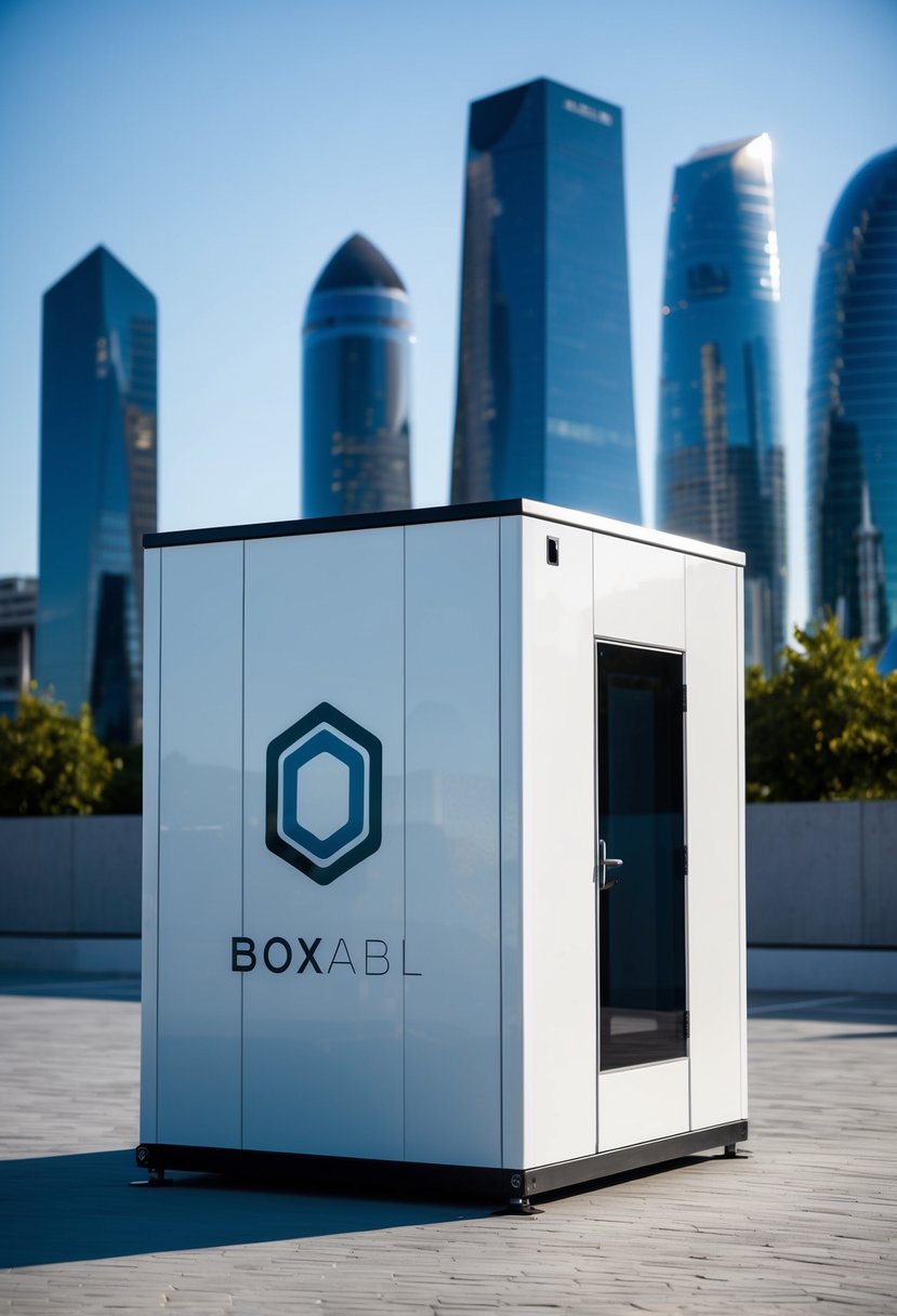 A sleek, modular housing unit from Boxabl stands in a futuristic cityscape, with Elon Musk's logo prominently displayed