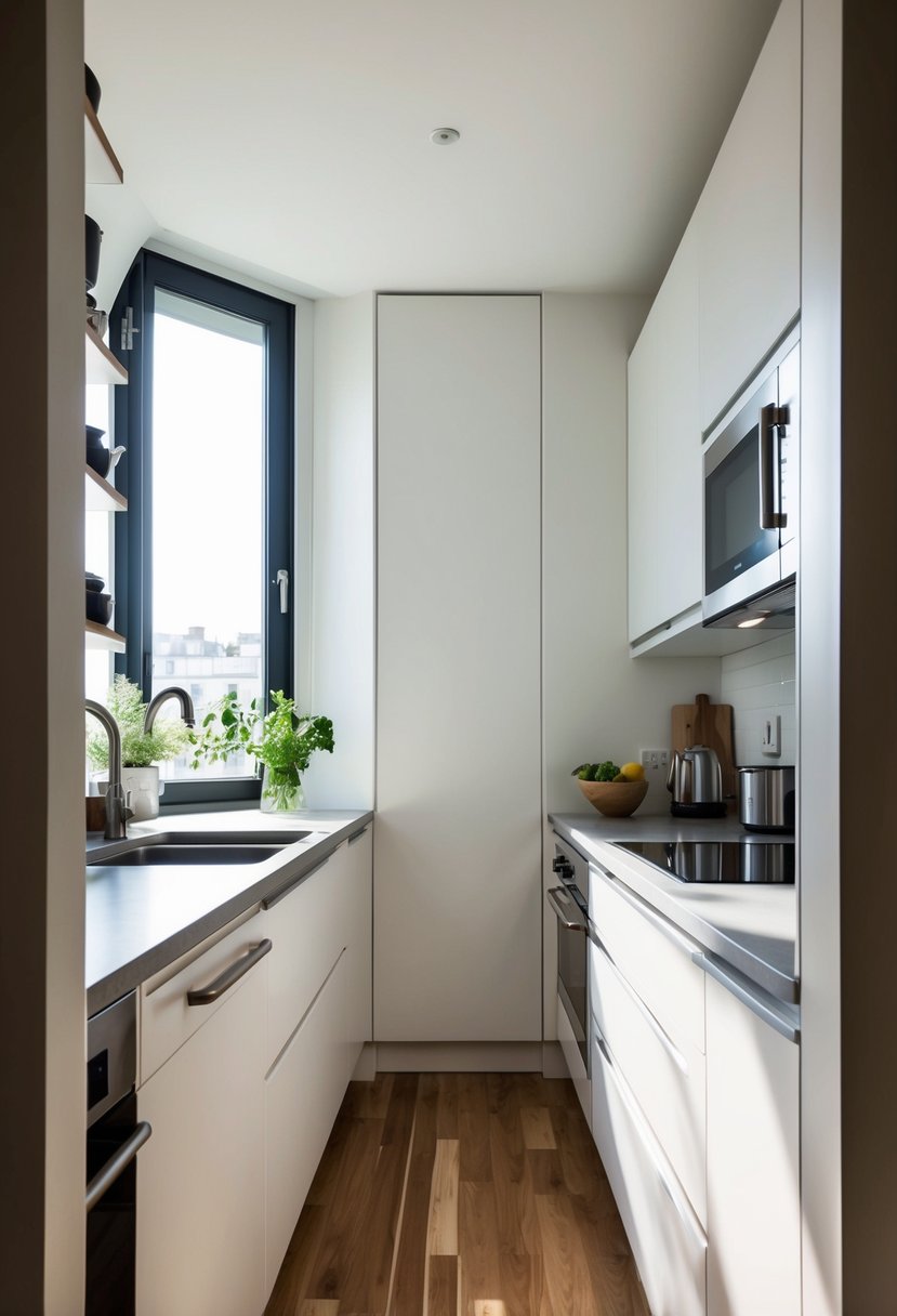 A narrow galley kitchen flooded with natural light, featuring small-scale design elements and efficient storage solutions