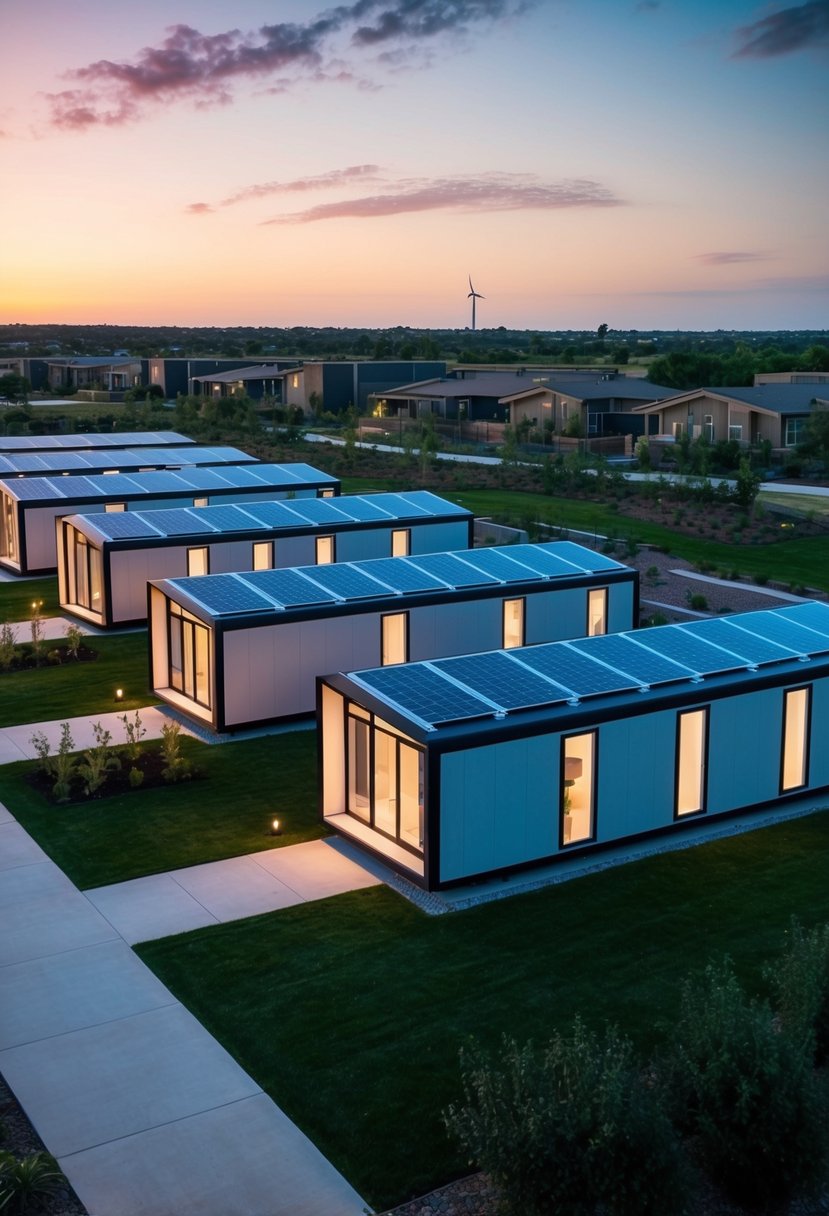 Elon Musk's affordable housing concept: sleek, modular homes with solar panels and innovative technology, nestled in a sustainable community