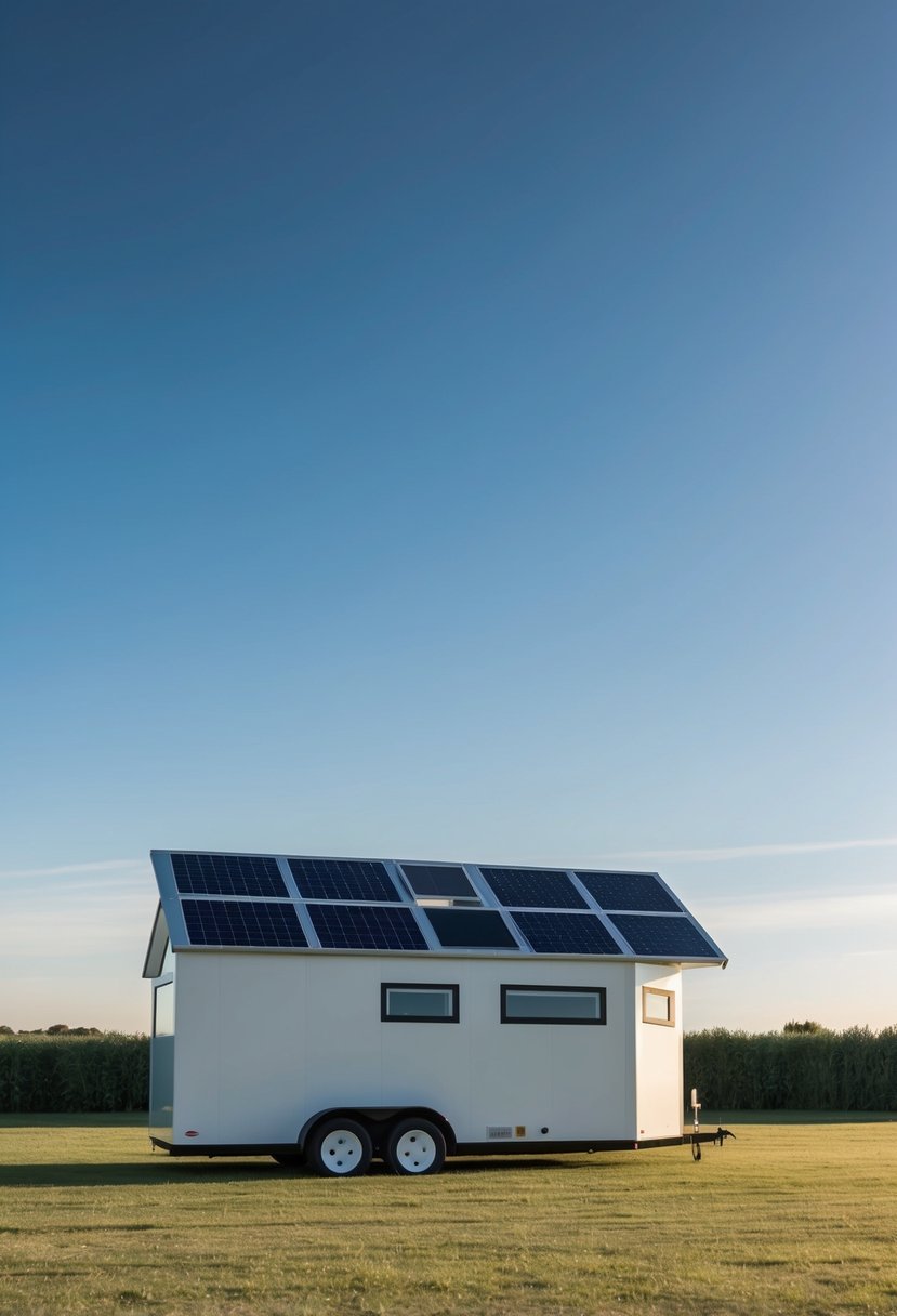 A sleek, modern Tesla tiny home sits on a grassy field under a clear blue sky, with solar panels on the roof and a price tag displayed