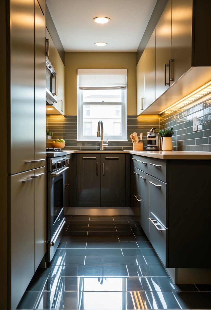 A small galley kitchen with sleek tile flooring, featuring modern cabinets and countertops, under warm lighting