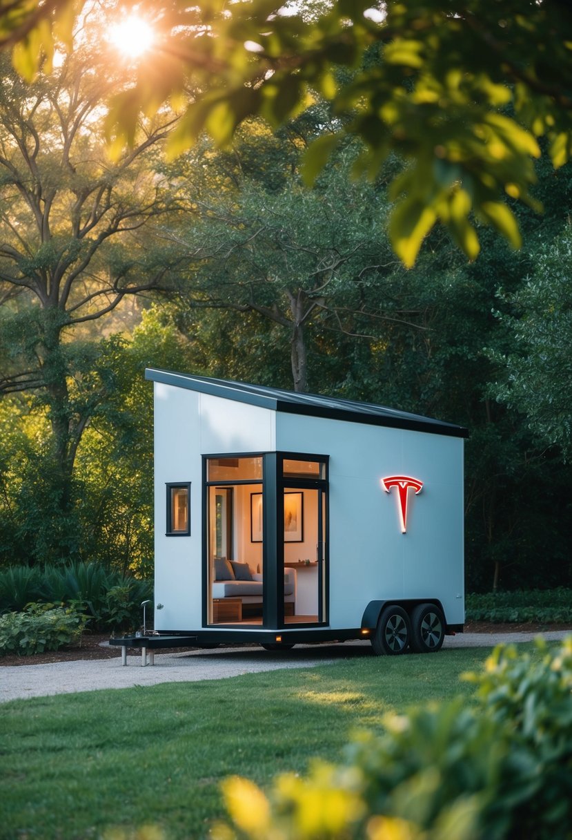 A cozy Tesla tiny home sits in a serene natural setting, surrounded by lush greenery and bathed in warm sunlight