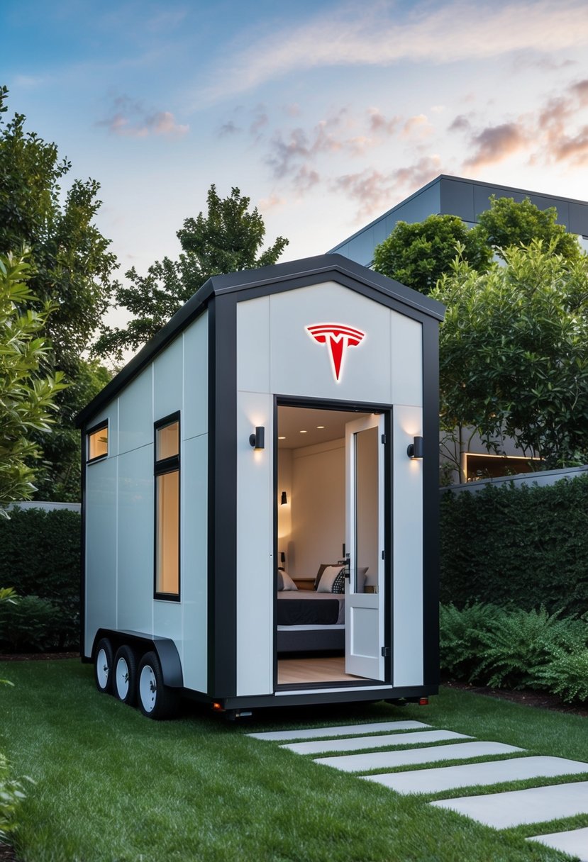 A tiny home with a Tesla logo on the exterior, surrounded by lush greenery and modern architecture