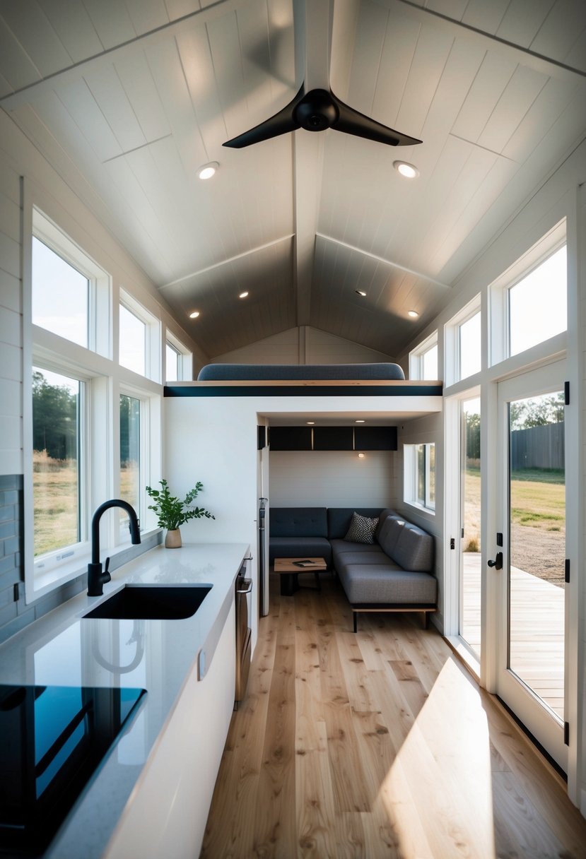 The interior of the Tesla tiny house showcases sleek, modern design with space-saving features and sustainable materials. Natural light floods the open living area, highlighting the minimalist yet functional furnishings