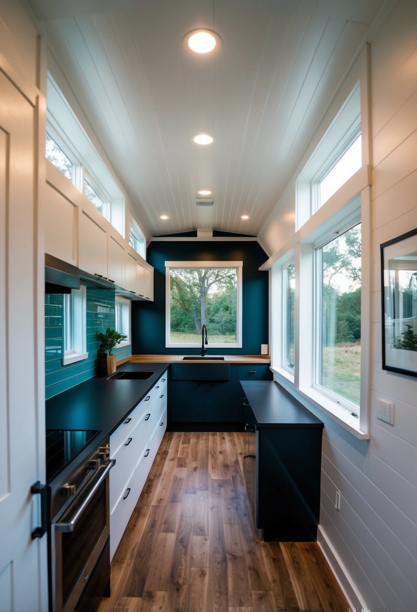 The interior of the Tesla tiny house features sleek, modern design with sustainable materials and efficient space utilization