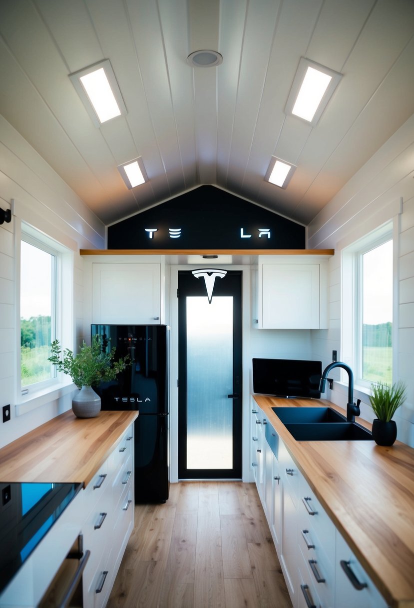 The interior of the Tesla Tiny House features sleek, modern energy solutions including solar panels, a Powerwall battery, and efficient appliances