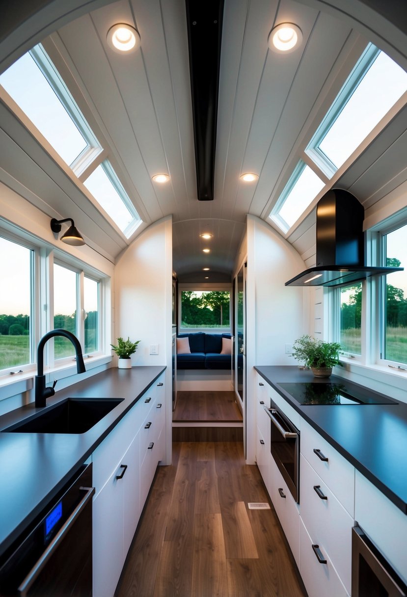 The interior of the Tesla Tiny House features sleek, modern design with sustainable materials and integrated technology. Solar panels and energy-efficient appliances are visible