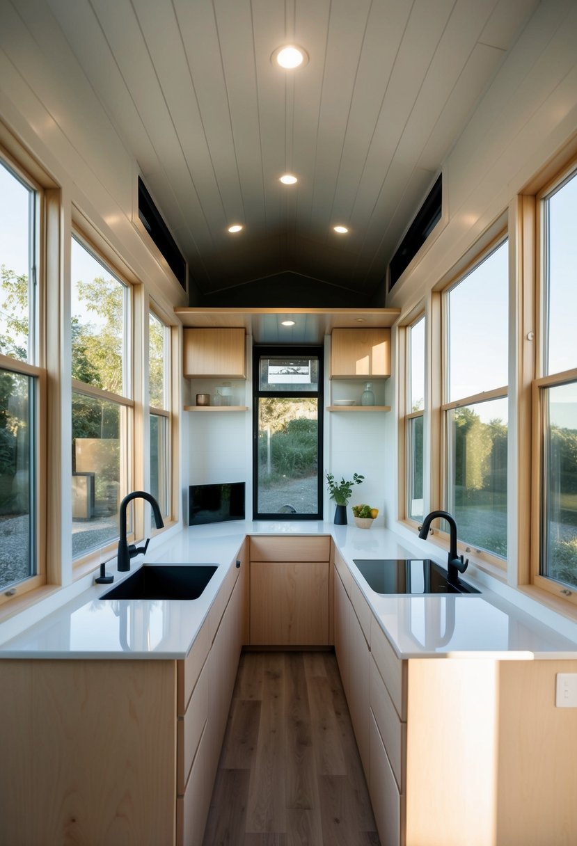 The interior of the Tesla tiny house showcases a minimalist design philosophy with sustainable materials and energy-efficient features. The space is organized and functional, with natural light streaming in through large windows