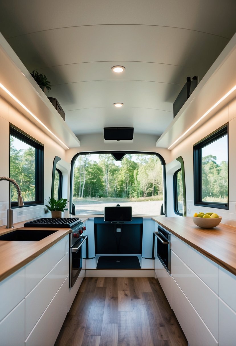 The Tesla tiny house interior features sleek, modern design with sustainable materials and high-tech amenities