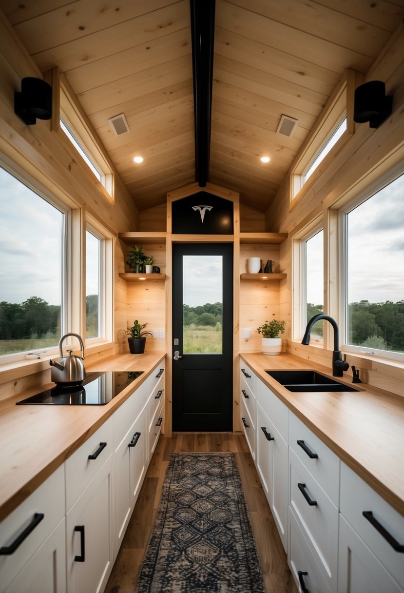 The interior of the Tesla tiny house showcases adaptability and resilience with multifunctional furniture and sustainable design elements