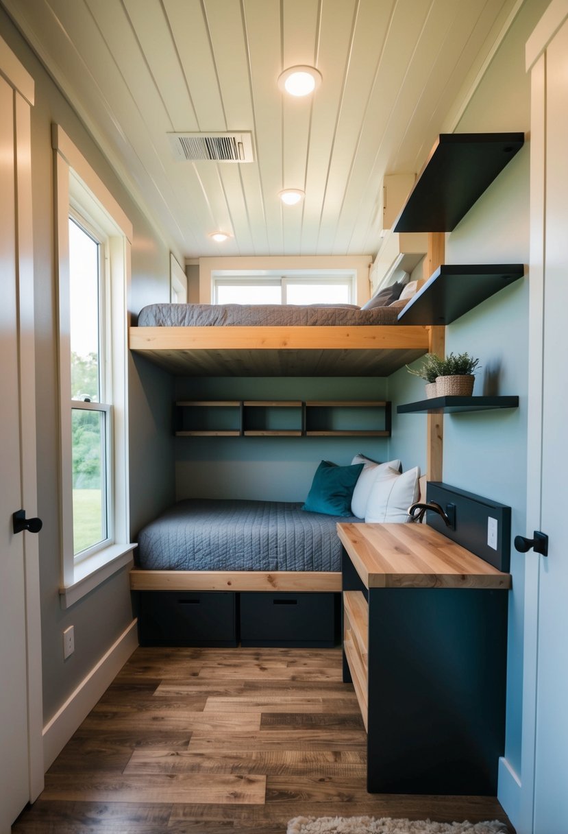 A cozy loft bed with built-in storage, folding desk, and wall-mounted shelves in a tiny home bedroom