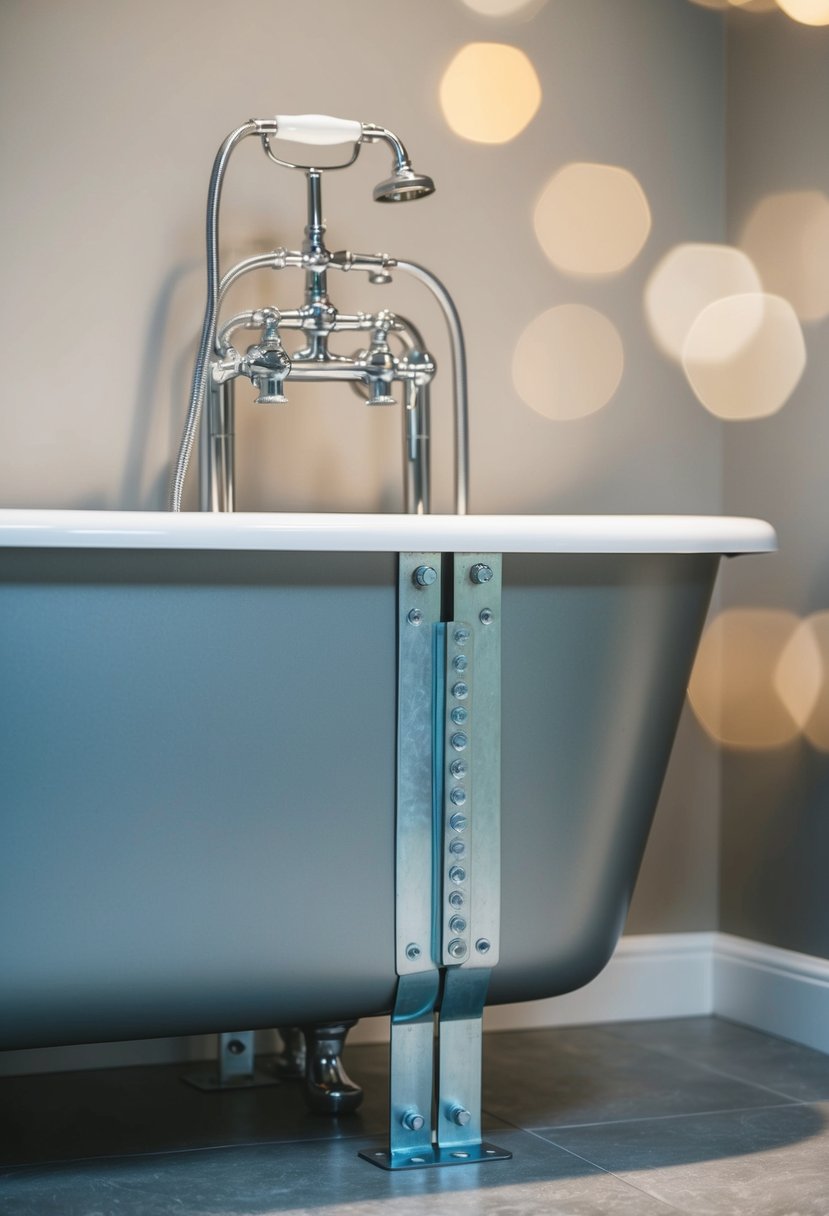 A steel bathtub is bolted securely to the floor and walls with metal brackets and screws