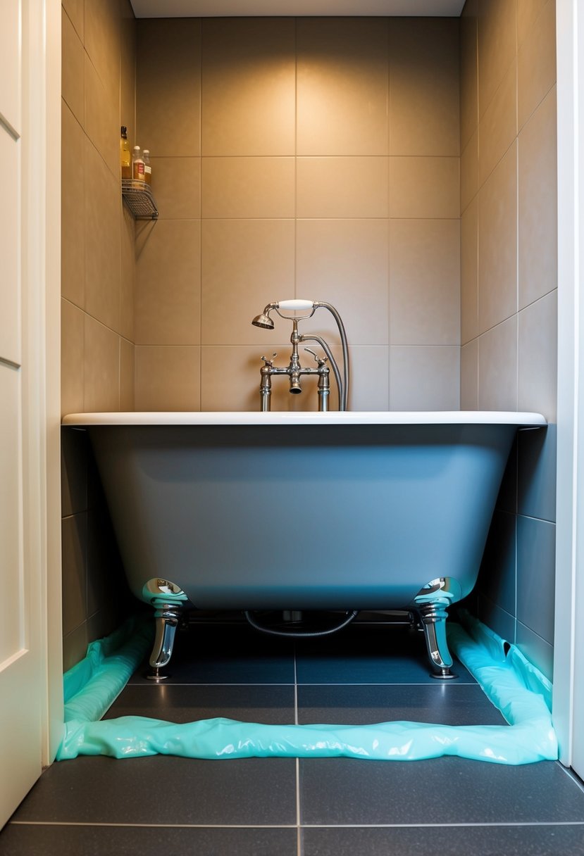 A steel bathtub is anchored to the floor and walls with heavy-duty metal brackets and secured with waterproof sealant around the edges