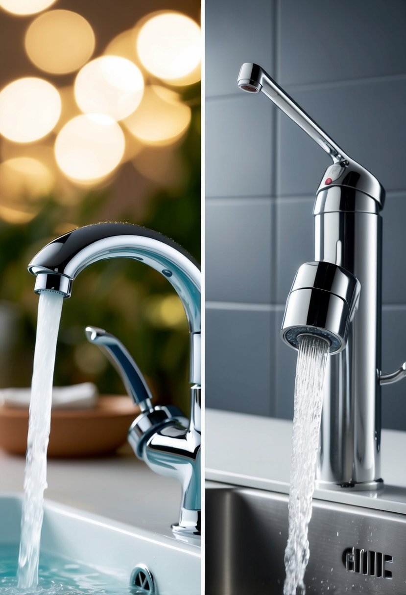 Two faucet brands side by side, American Standard and Grohe, with water flowing from each into separate sinks