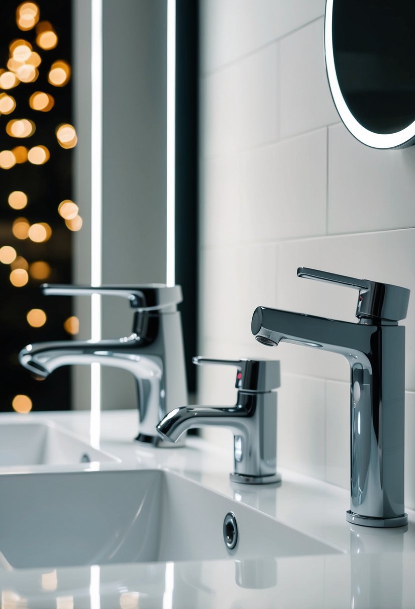 A modern bathroom with a sleek American Standard faucet on one side and a contemporary Grohe faucet on the other