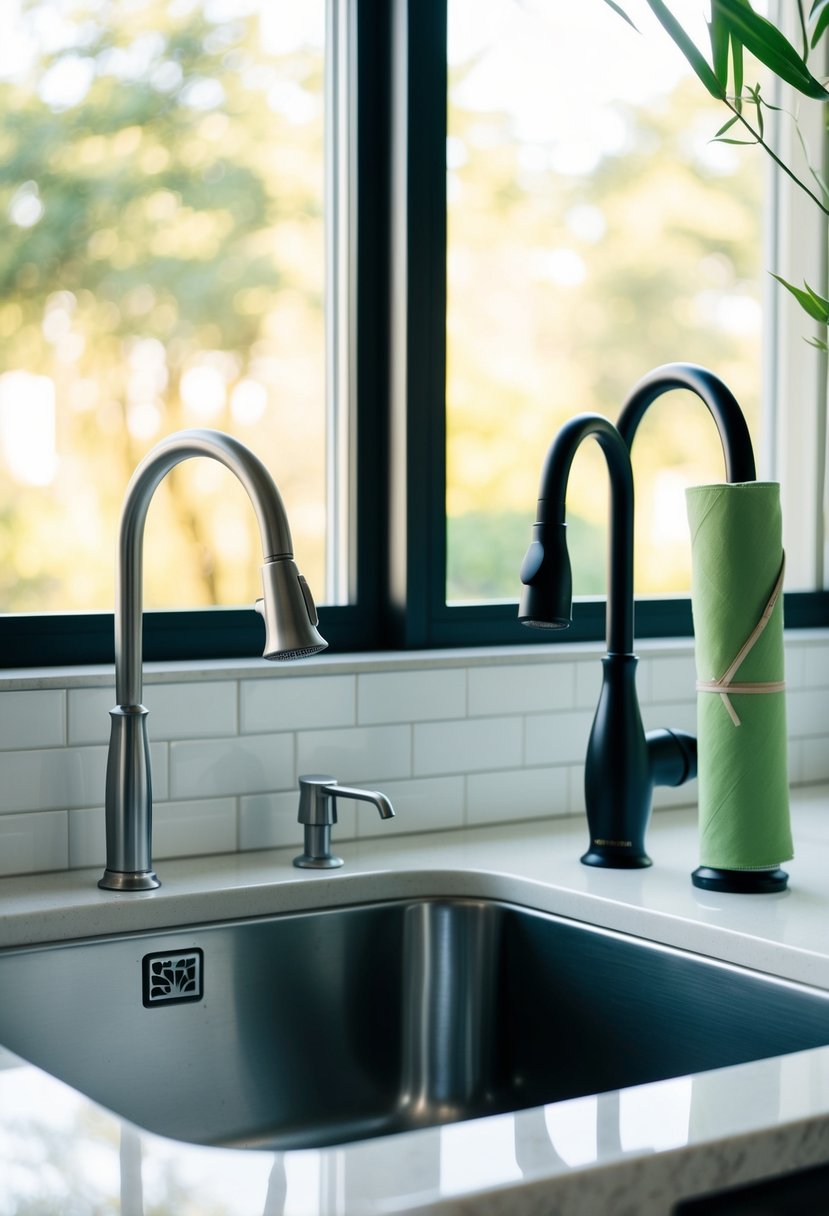 A kitchen counter with a roll of reusable bamboo paper cloth towels next to a sink with American Standard and Grohe faucets