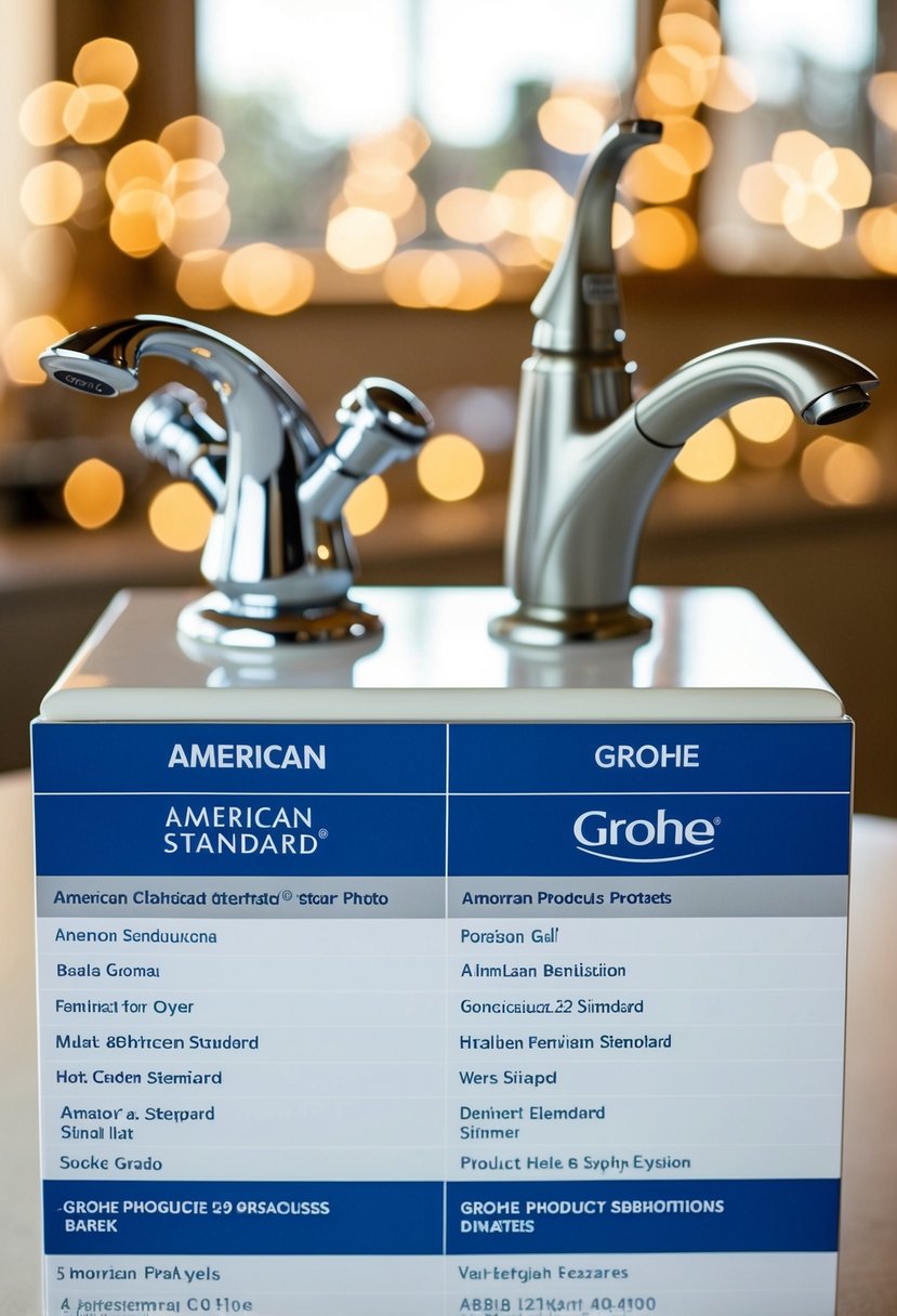 A table displaying American Standard and Grohe products side by side, with various features and specifications listed for comparison