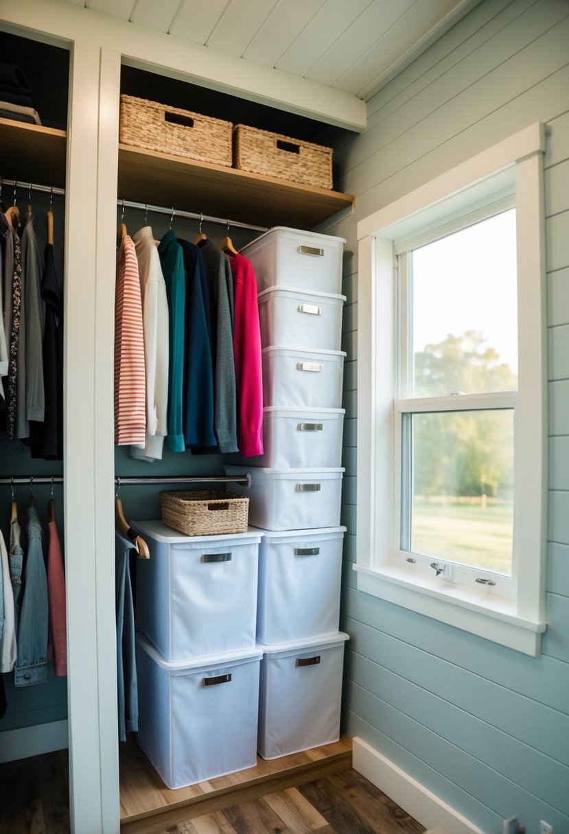 A neatly organized tiny house closet with labeled storage bins and hanging clothes