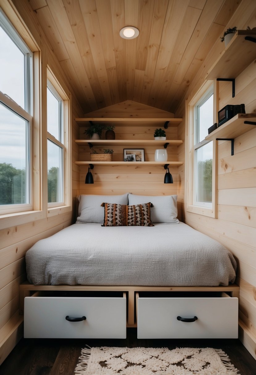 A cozy bedroom in a tiny home, with clever storage solutions such as built-in drawers under the bed and hanging shelves on the walls