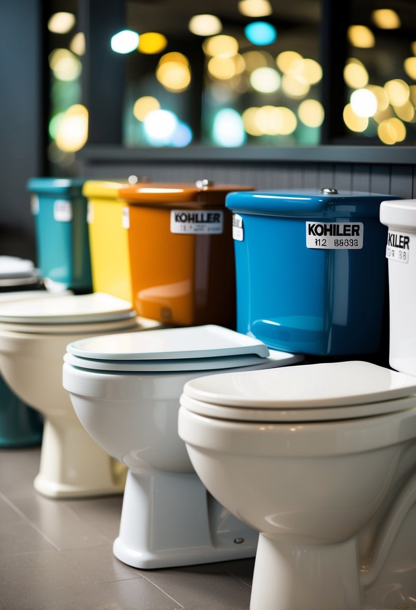 A row of Kohler toilets in various colors, each labeled with identification numbers