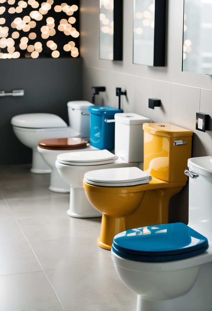 A modern bathroom with various Kohler toilets in different colors, showcasing the revolutionary flush systems