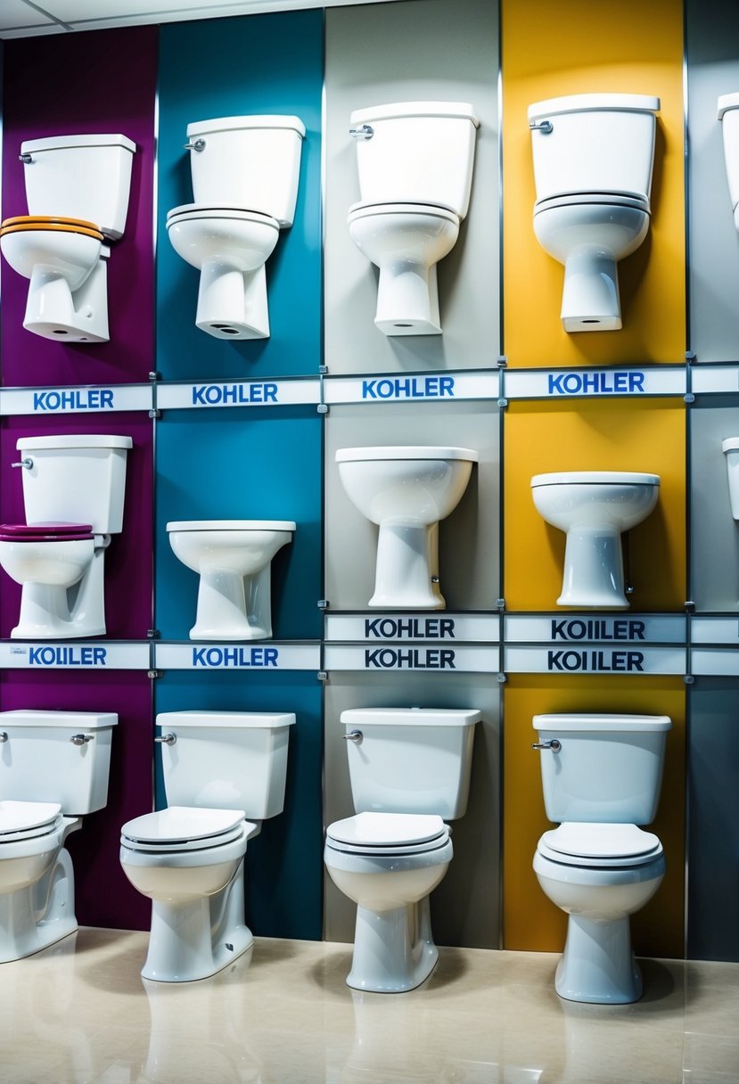 A row of Kohler toilets in various colors, labeled with color codes, displayed on a chart