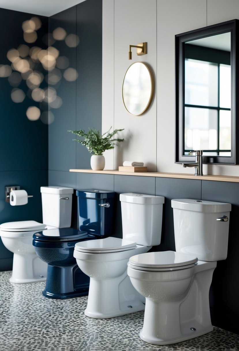 A modern bathroom with a variety of Kohler toilets in different colors, showcasing the advanced features and options available