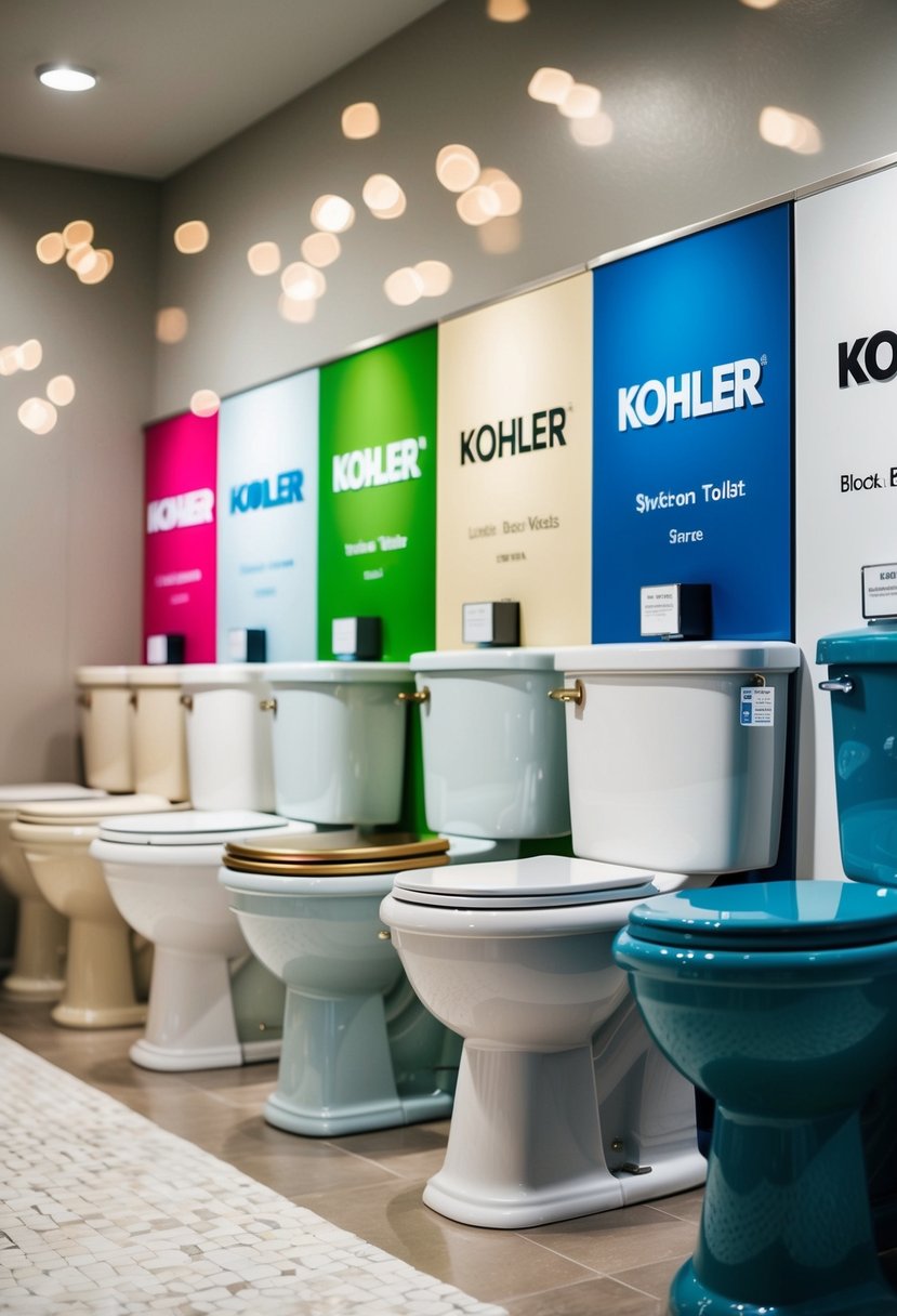 A bathroom with a variety of Kohler toilets in different colors arranged in a chart-like display