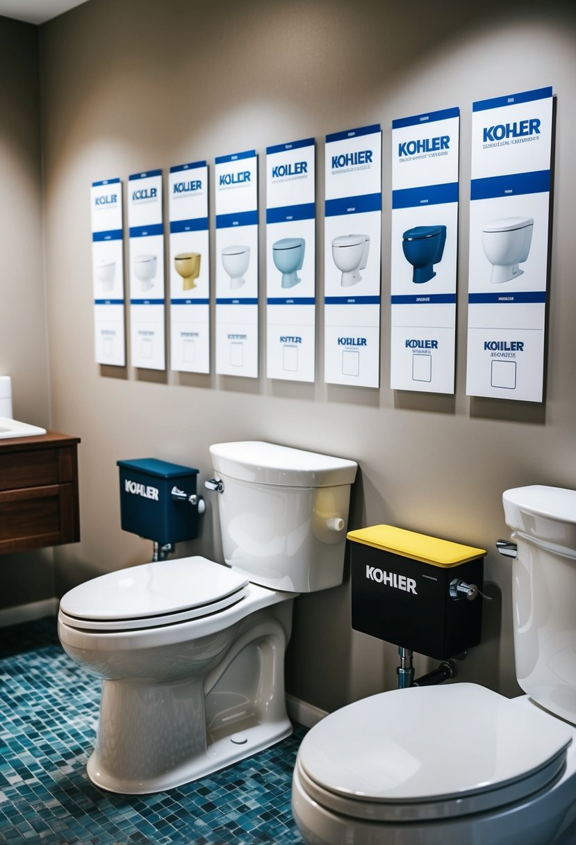 A bathroom with various Kohler toilets in different colors, arranged in a chart for identification