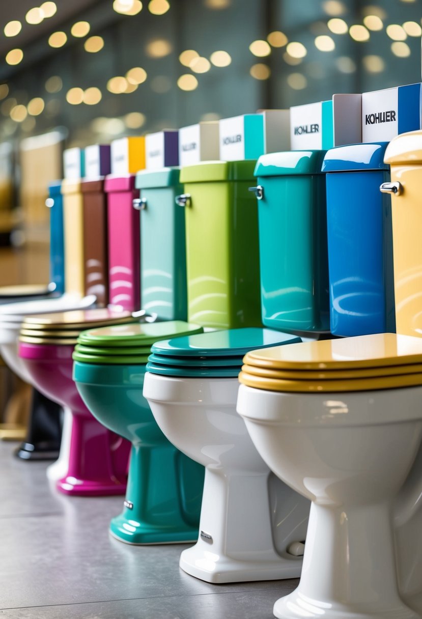 A row of colorful Kohler toilets in various discontinued shades, arranged in a chart format