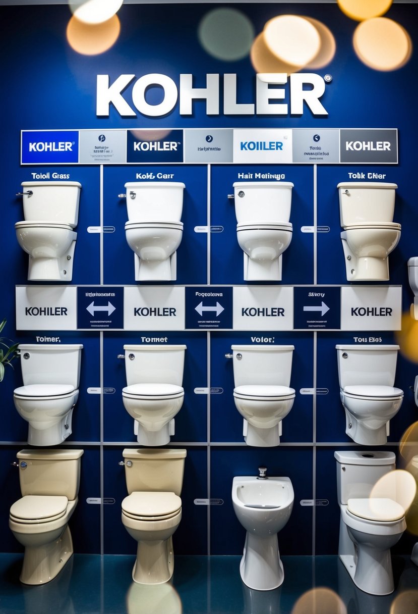 A display of various Kohler toilet models in different colors, arranged in a chart for comparison with other brands