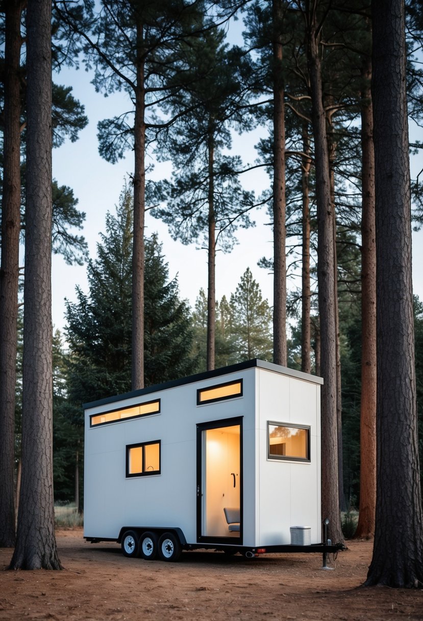 A quaint, minimalist tiny house nestled among tall trees with a sleek, futuristic design