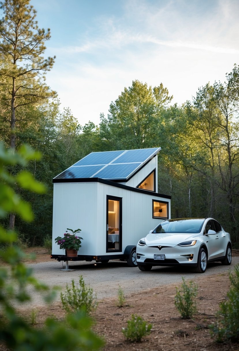 A small, minimalist tiny house surrounded by nature, with solar panels on the roof and a Tesla parked outside