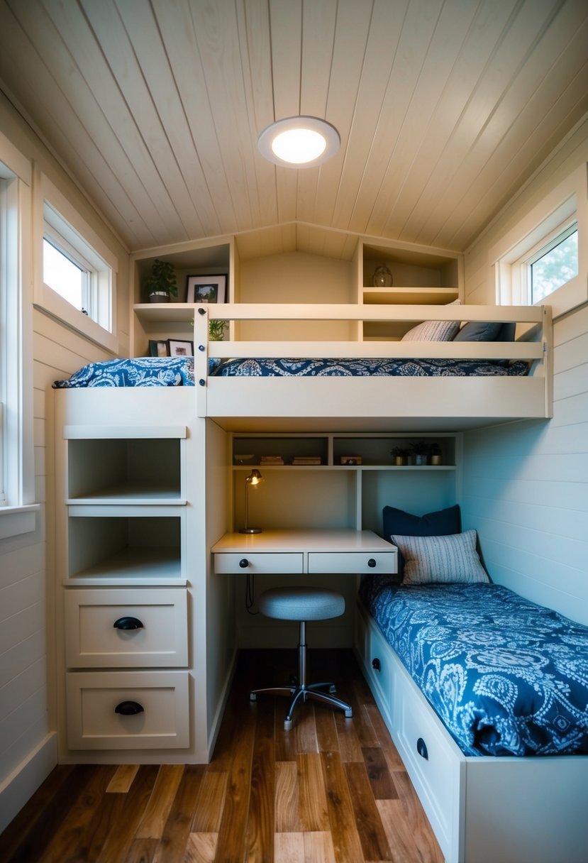 A cozy loft bed with built-in shelves and drawers, a fold-down desk, and under-bed storage in a tiny home bedroom