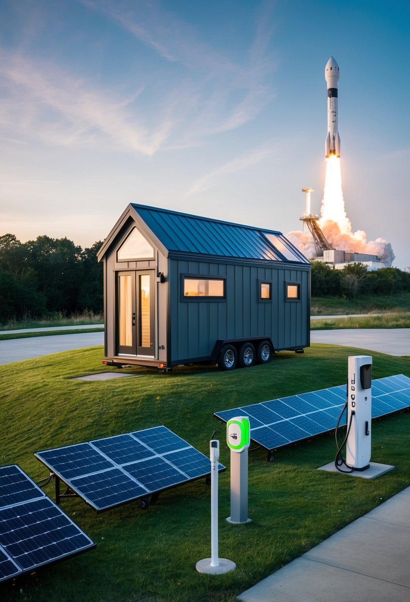 A sleek, modern tiny house sits atop a grassy hill, surrounded by innovative solar panels and a futuristic car charging station, with a SpaceX rocket launching in the background