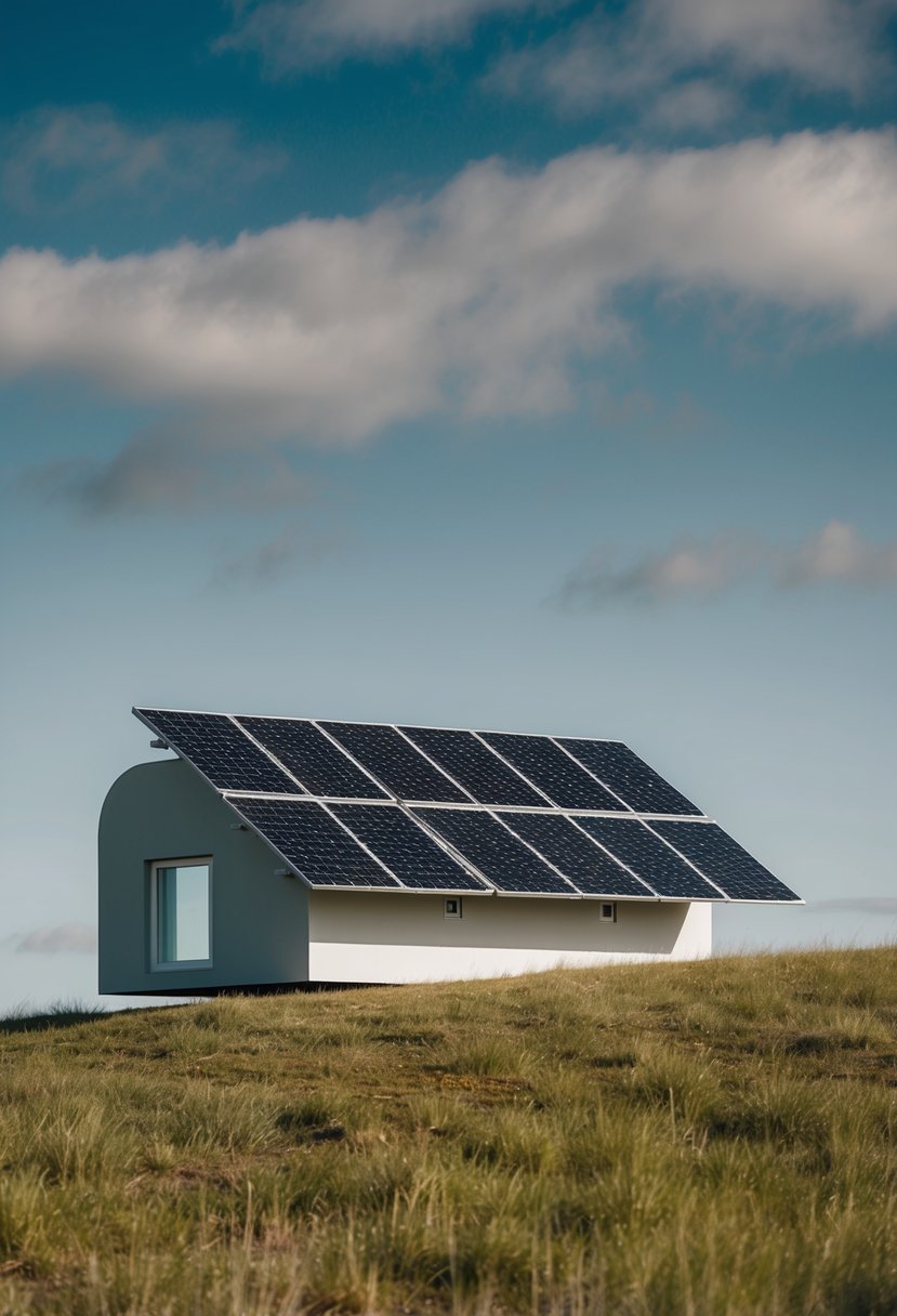 A small, minimalist home sits on a grassy hill. Solar panels cover the roof, and a sleek, futuristic design contrasts with the surrounding natural landscape