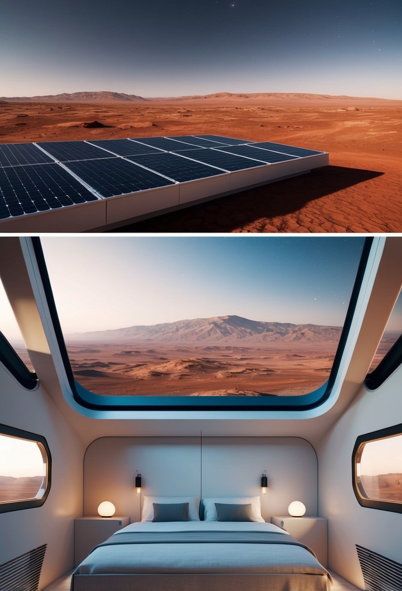 A futuristic, compact living space on Mars, with sleek, minimalist design, solar panels, and a panoramic view of the red planet's landscape