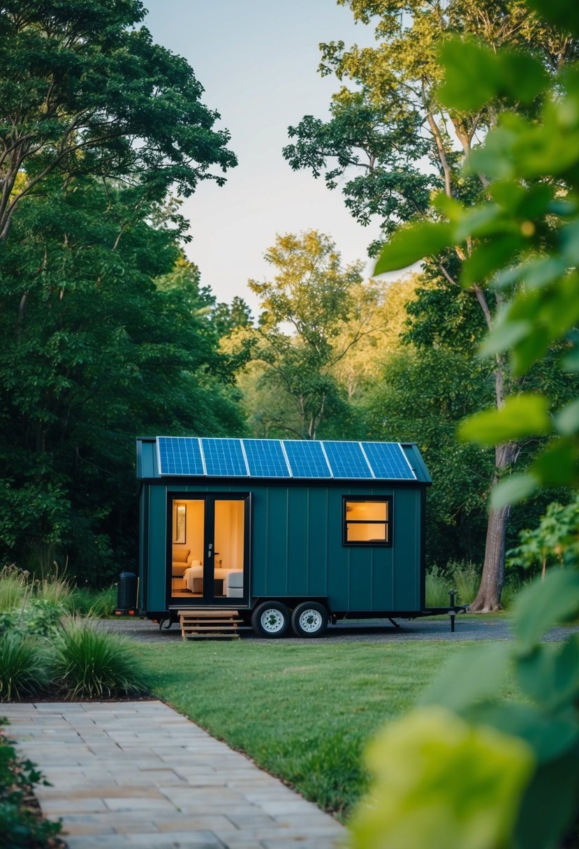 A tiny house powered by solar panels and surrounded by lush greenery, with a sleek and modern design, showcasing the future of affordable and sustainable living