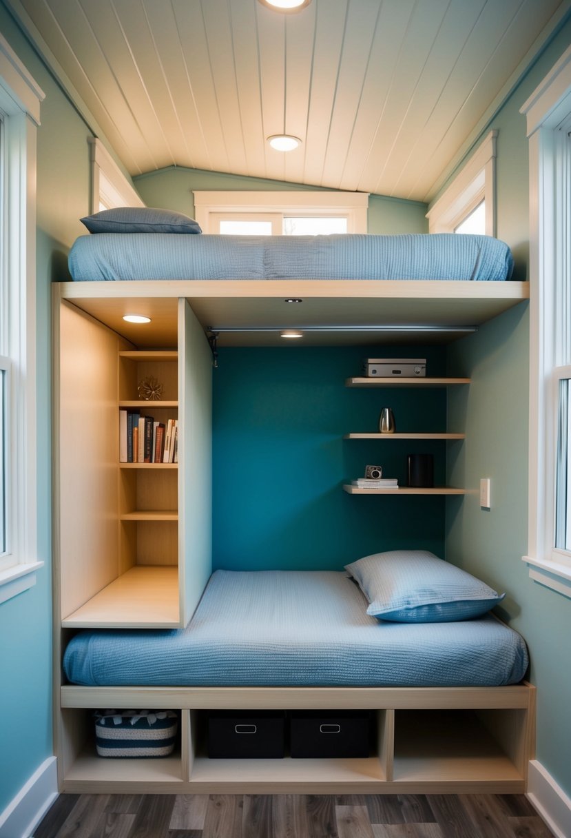 A compact bedroom with a loft bed, storage compartments, fold-out desk, and built-in shelves maximizing space in a tiny home