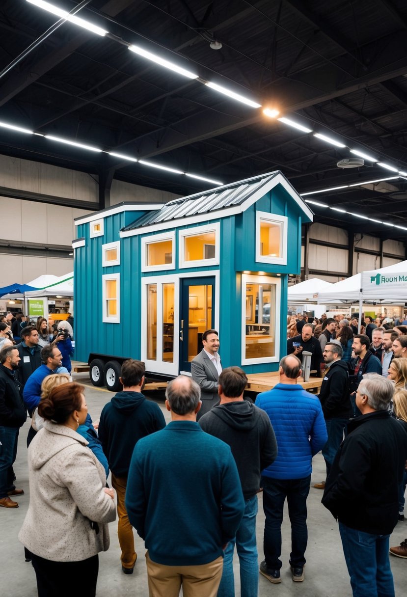 Elon Musk's tiny house displayed at a bustling market, surrounded by curious consumers examining the innovative design and sustainable features