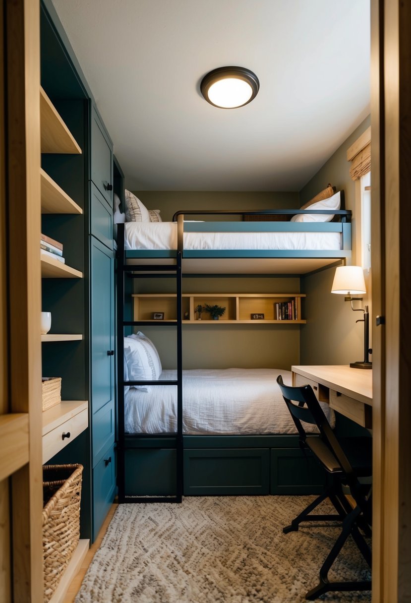 A cozy tiny bedroom with a loft bed, under-bed storage, wall-mounted shelves, and a fold-down desk